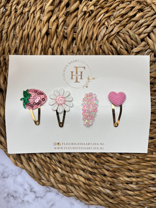 Sweet Pink Strawberry | Set van 4 Aardbei Haarknipjes