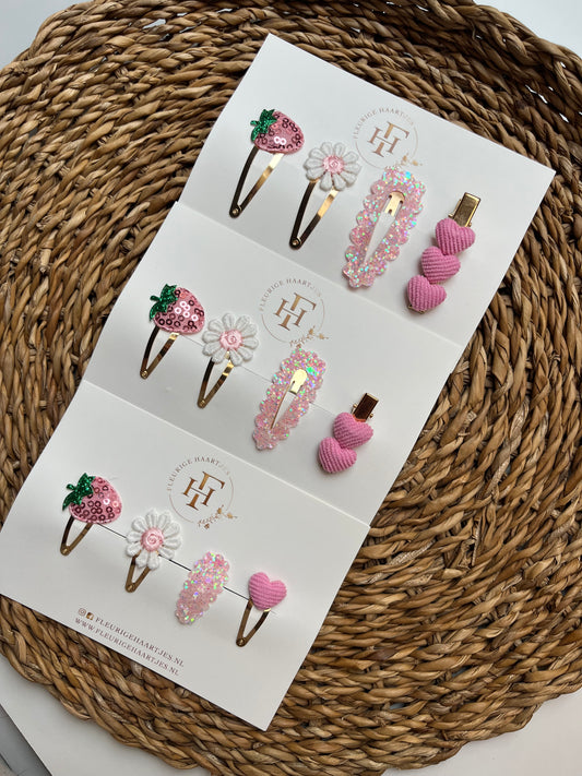 Sweet Pink Strawberry | Set van 4 Aardbei Haarknipjes